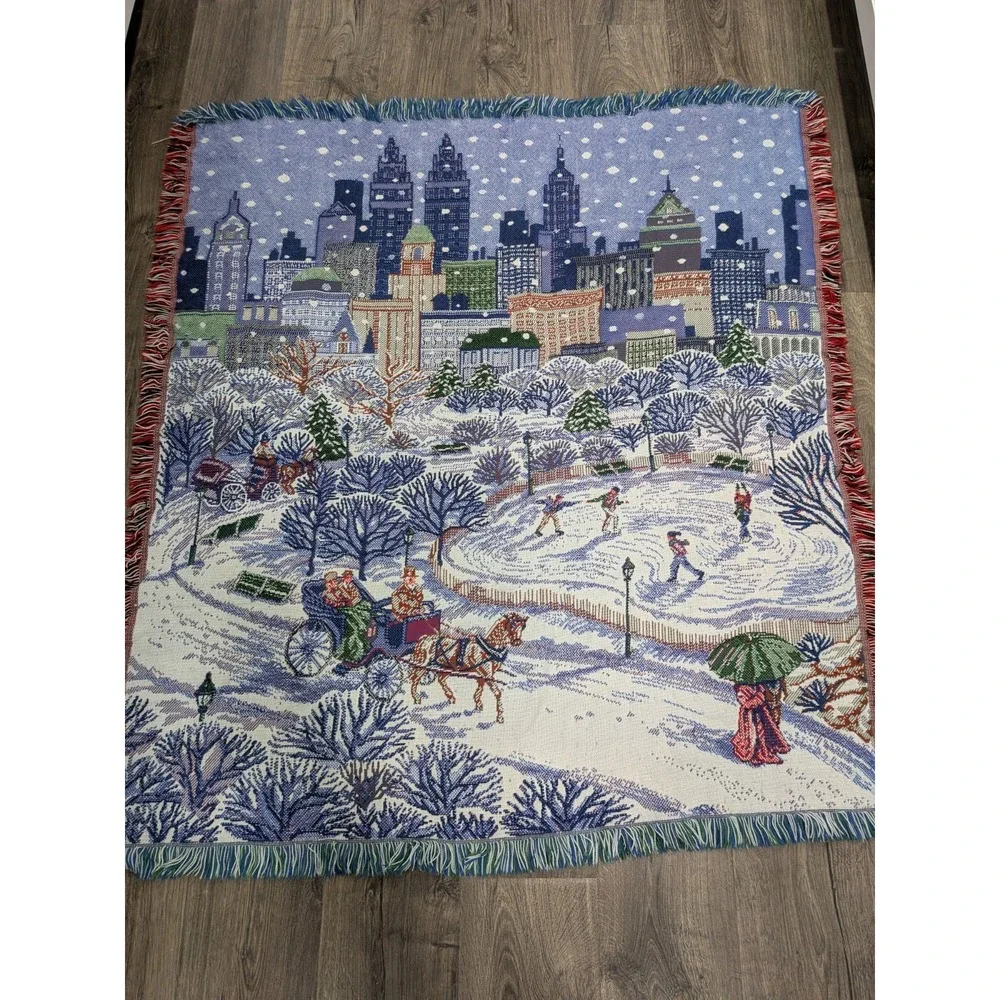Christmas Tapestry Throw Reversible Fringe Blanket Holidays 52x50